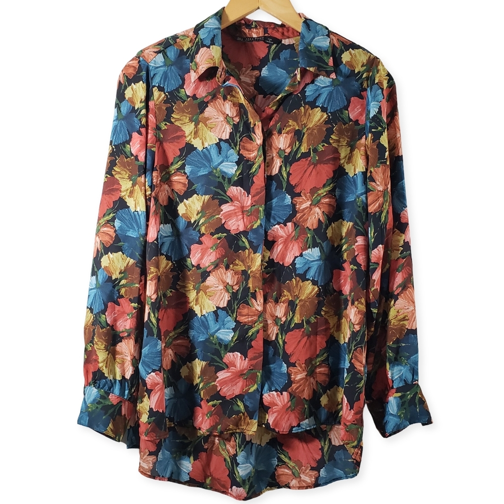 GUC Zara Floral Spring/Summer Relaxed Fit Shoulder Pads Casual Shirt Size S
